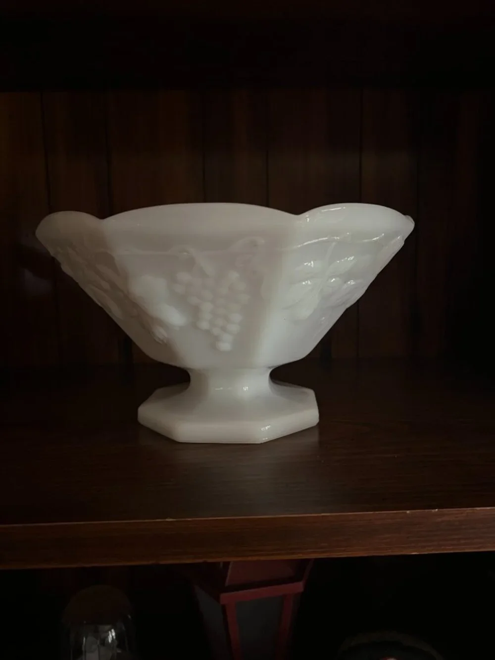 Vintage Anchor Hocking White Milk Glass Grape Vine Pedestal Compote Fruit Bowl